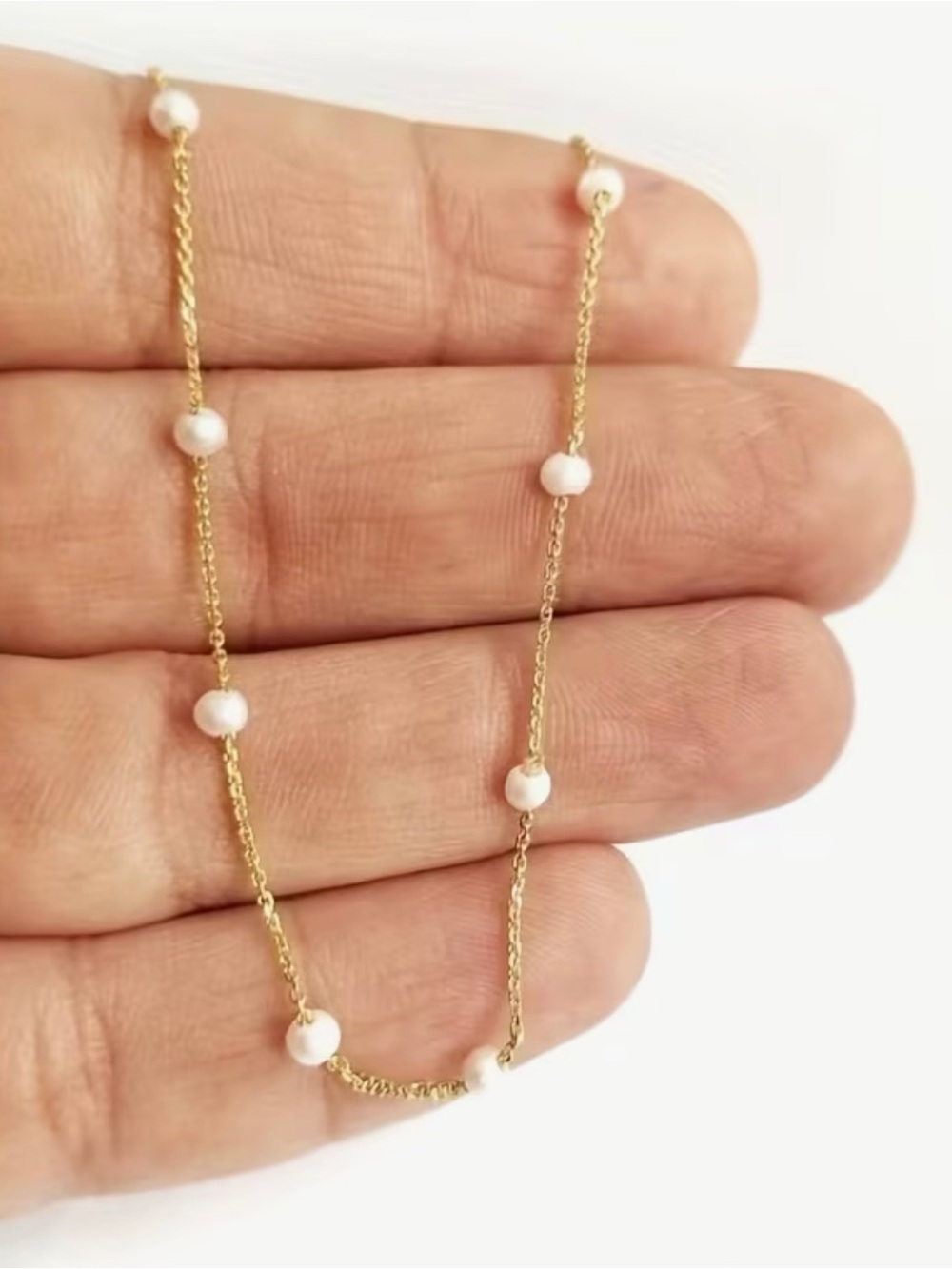 Delicate Gold Pearl Station Necklace - Picture 3 of 6